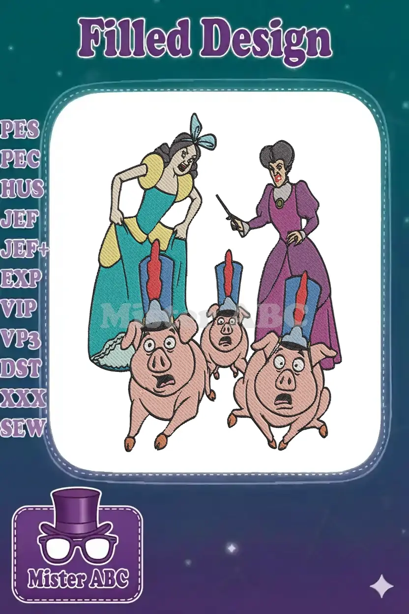 Vibrant embroidery design depicting a heated exchange between a princess-like figure, a stern older woman, and three terrified pigs in hats.