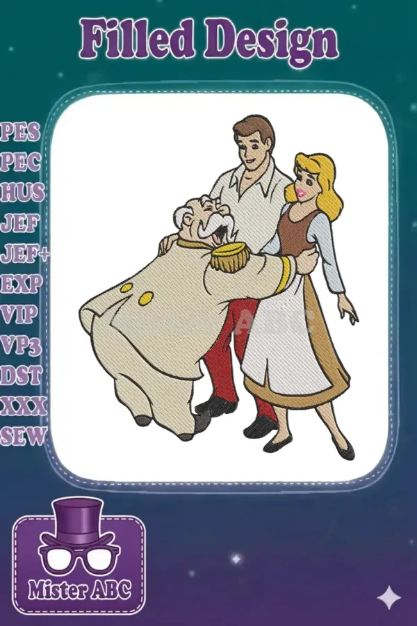 Three beloved fairy tale characters, Cinderella, Prince Charming, and the King, in a joyful embrace, perfect for embroidery.