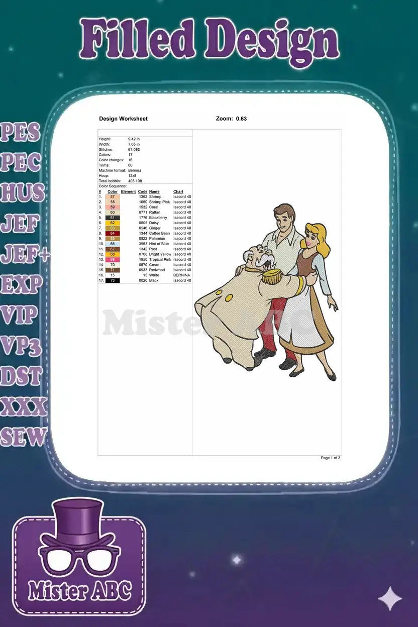 Detailed embroidery design worksheet showing dimensions, stitch count, color sequence, and thread codes for the royal family.