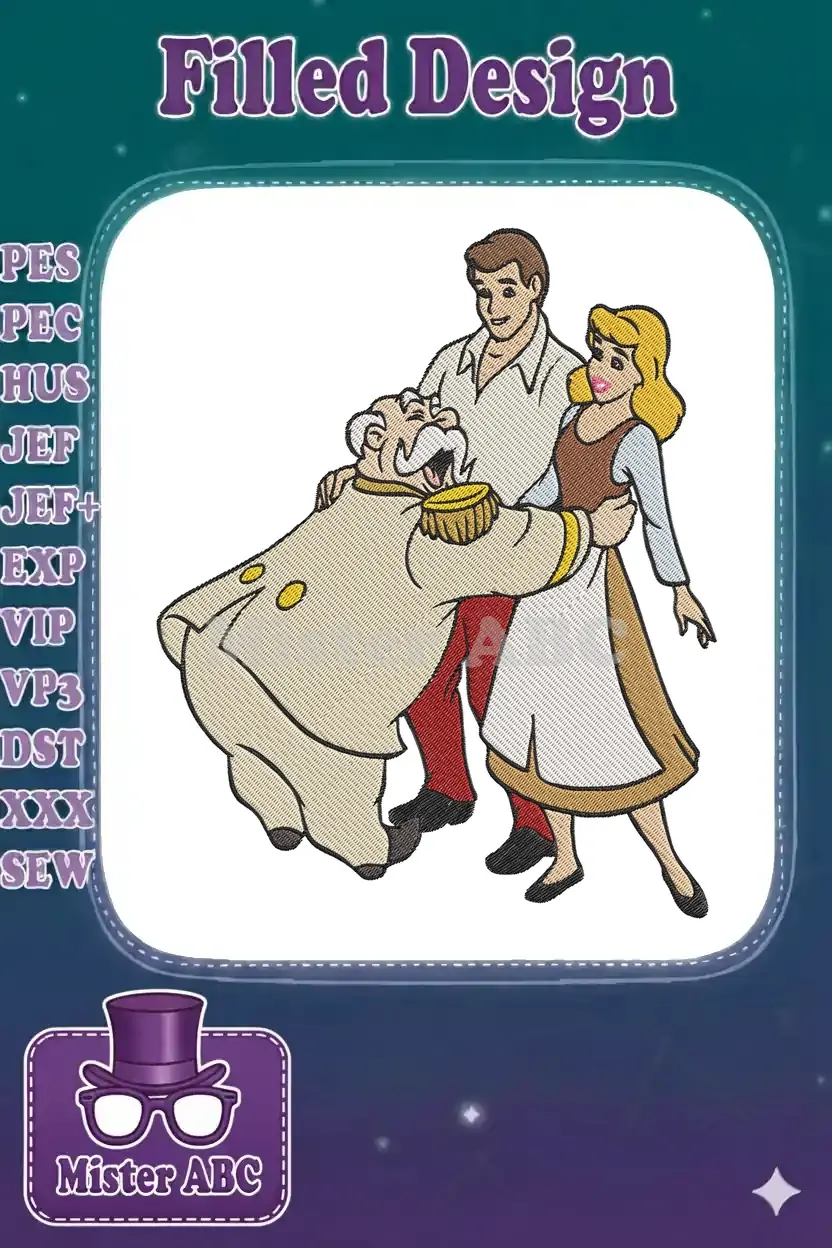 Three beloved fairy tale characters, Cinderella, Prince Charming, and the King, in a joyful embrace, perfect for embroidery.