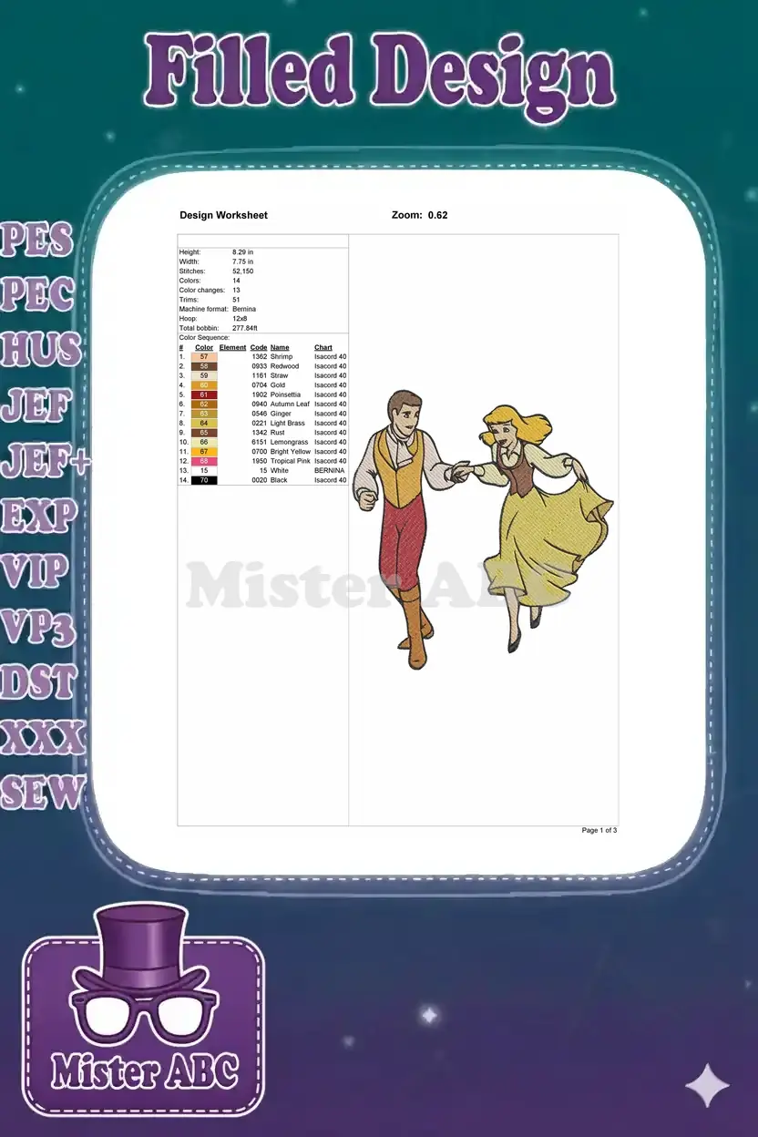 A design worksheet for the Cinderella and Prince Charming embroidery, detailing size, stitch count, color changes, and thread chart.