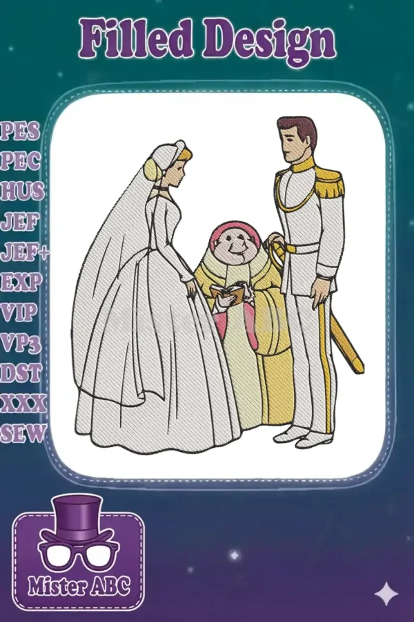 Cinderella and Prince Charming's wedding embroidery design, featuring the royal couple with an officiant, ready for vows.