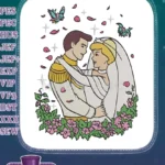 Cinderella and Prince Charming wedding embrace embroidery designs with flowers - Instant Download