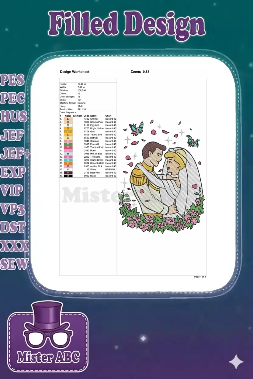 Detailed embroidery design worksheet for Cinderella wedding, showing dimensions, stitch count, and color chart.