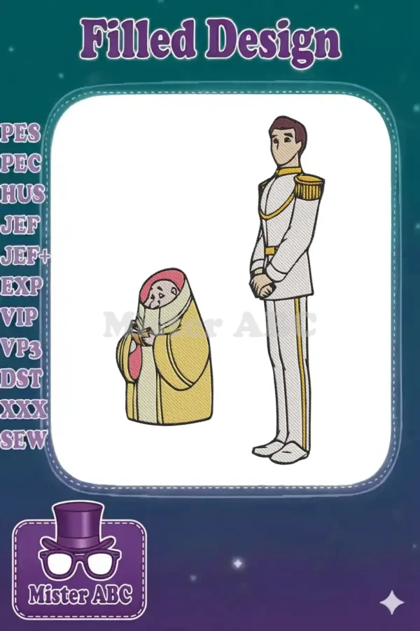 Full-color embroidery design featuring a distinguished prince in white and gold uniform alongside a wise, robed elder. Intricate detail.