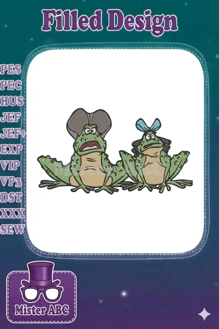 A charming embroidery design of two cartoon frogs, one with a gray hat and the other with a blue bow.