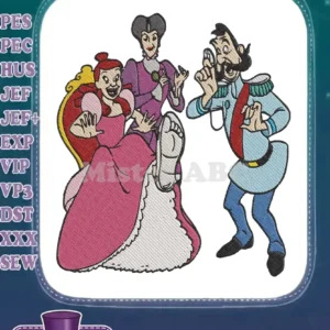 Cinderella's stepsister Anastasia trying on the glass slipper with Lady Tremaine and the Grand Duke looking on.
