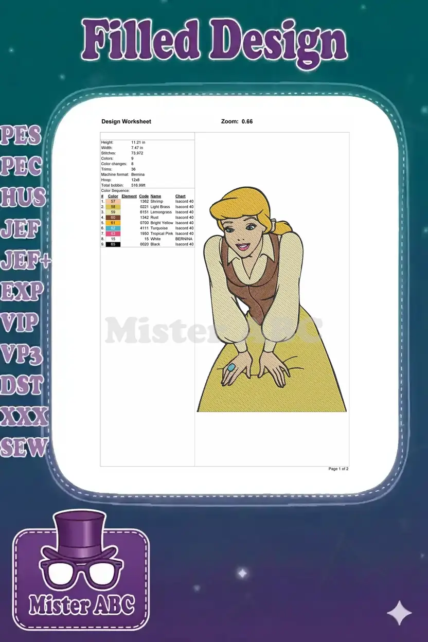 Embroidery design worksheet for Cinderella, detailing dimensions, stitch count, colors, and machine compatibility.