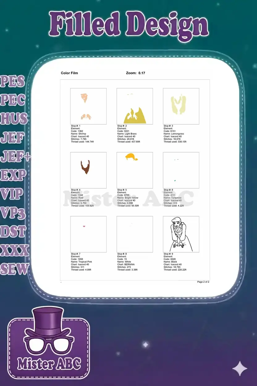 Color film showing the step-by-step embroidery process for Cinderella's peasant dress design, color by color.