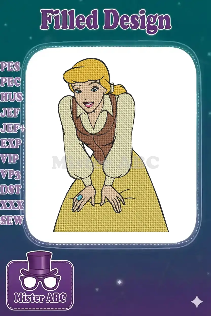 Cinderella in her iconic peasant dress, bending forward with a turquoise ring, ready for enchanting embroidery.