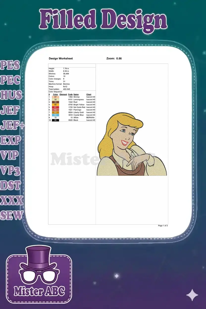 A comprehensive embroidery design worksheet detailing stitch count, dimensions, color chart, and other technical specifications.