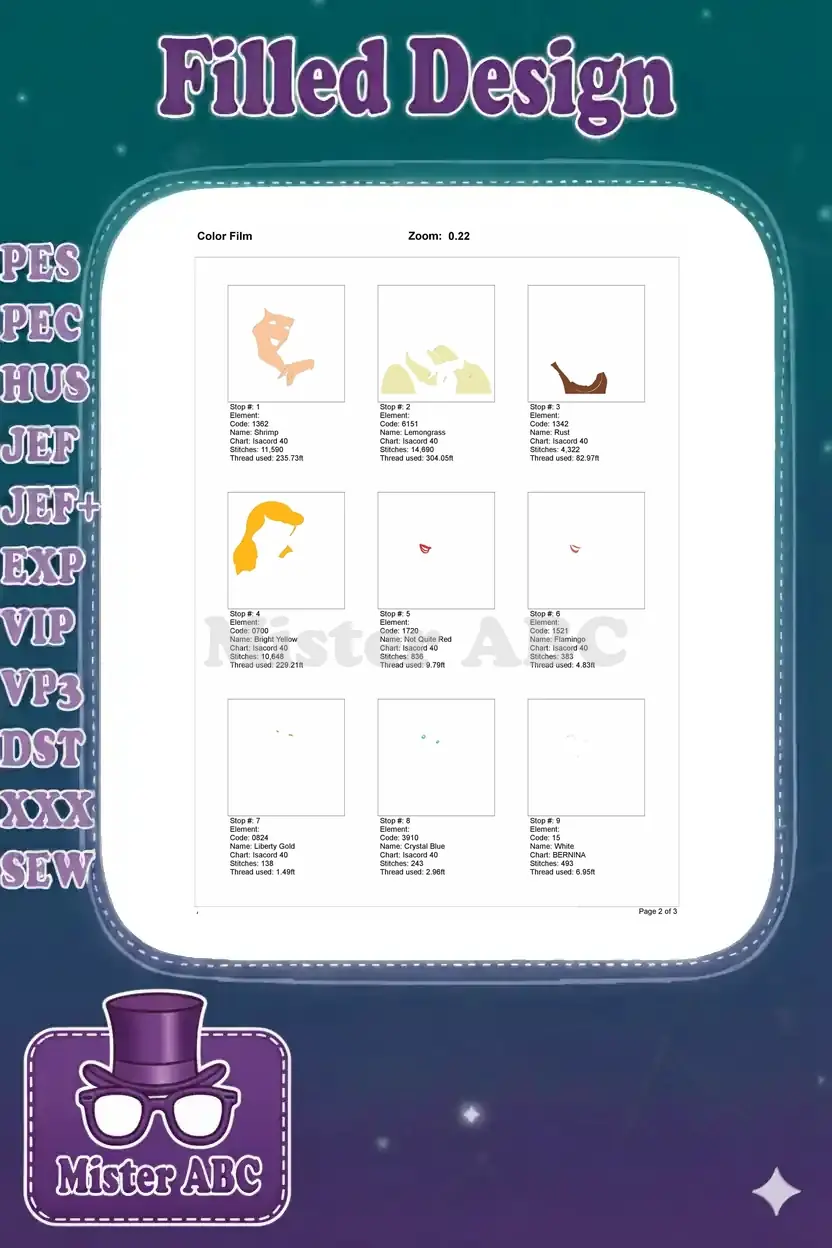 The first page of a color film document showing the initial nine color stops of the Cinderella embroidery design.