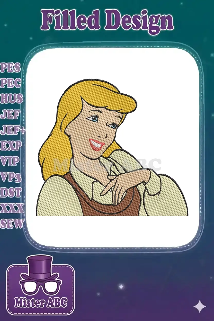 A vibrant machine embroidery design featuring Cinderella in her classic work dress, smiling sweetly, ready for your projects.