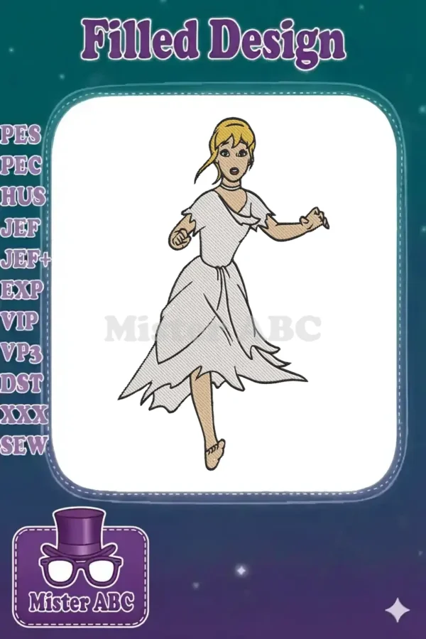 Full-body embroidery of Cinderella in her iconic ragged, torn dress, looking surprised with blonde hair.