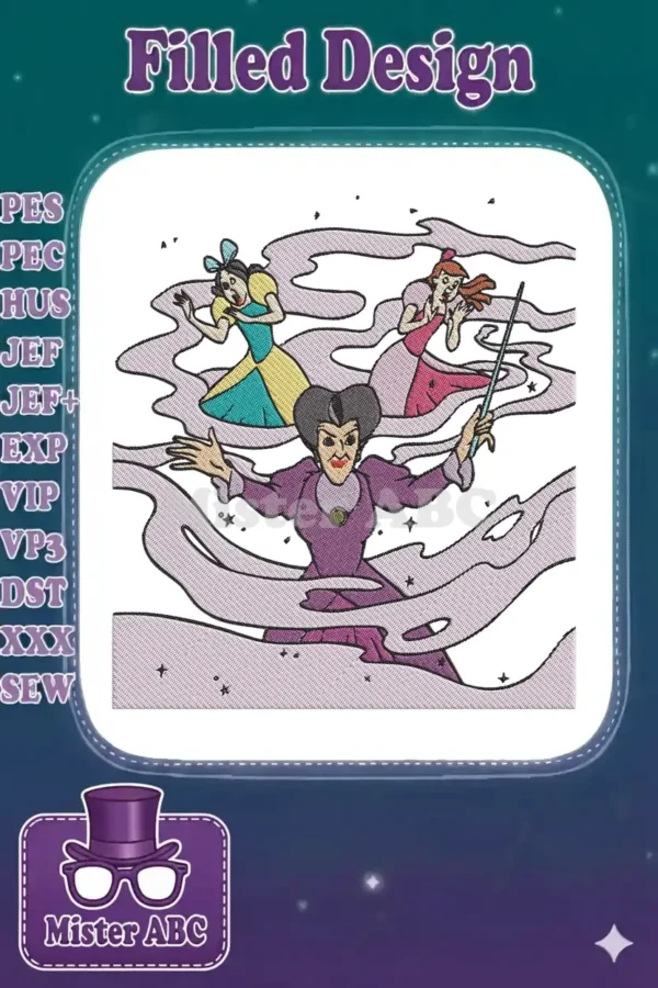 Embroidery design of Lady Tremaine with Anastasia and Drizella, surrounded by purple magical mist.