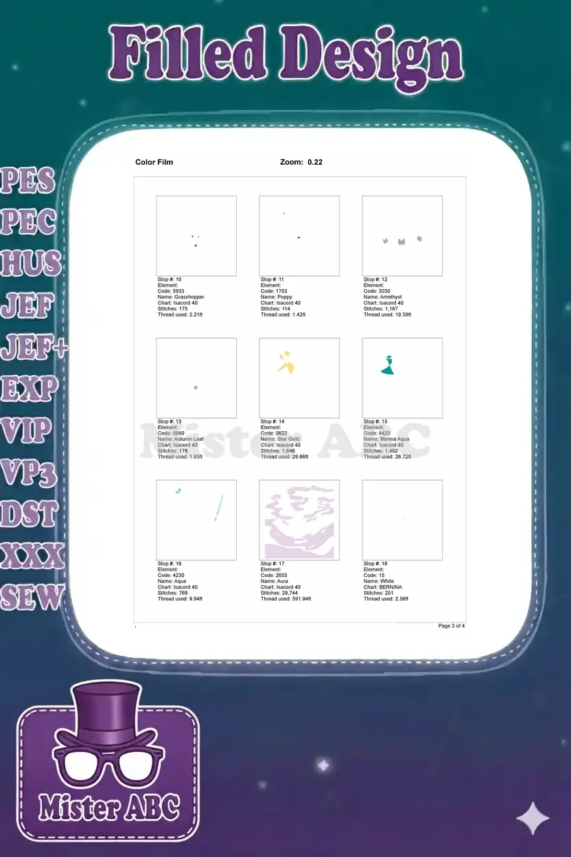 Second page of the color film, continuing the embroidery sequence with more color steps.