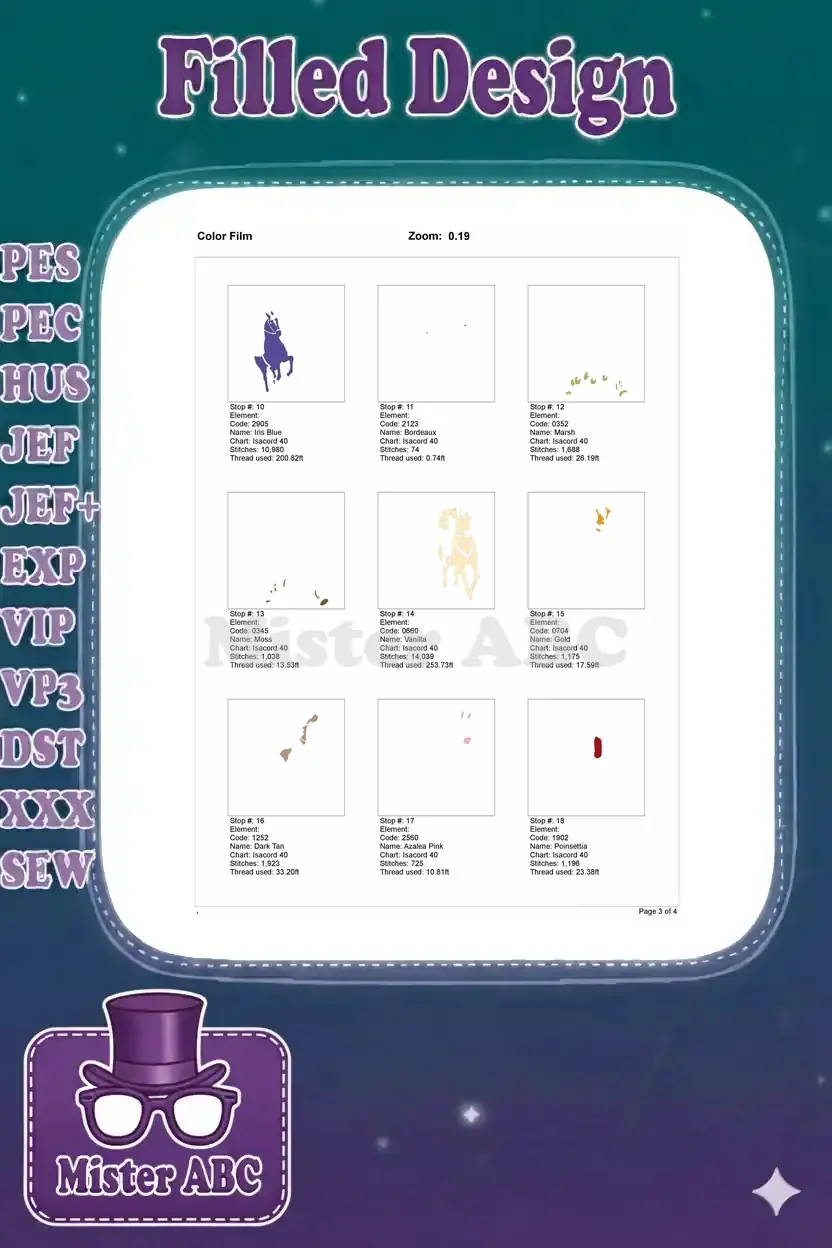 Second page of the color film, showing intermediate stitch stops with color codes and thread usage for the design.