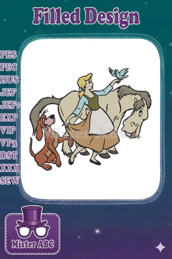 Captivating embroidery of Cinderella in her peasant dress with her loyal dog Bruno and horse Major, holding a bird.