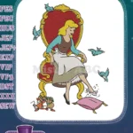 Classic Cinderella trying on glass slipper with animal friends embroidery designs - Instant Download