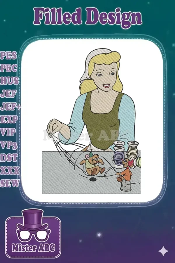 Cinderella embroidery design showing her in peasant clothes, sewing with two mice, Jaq and Gus, playing with thread.
