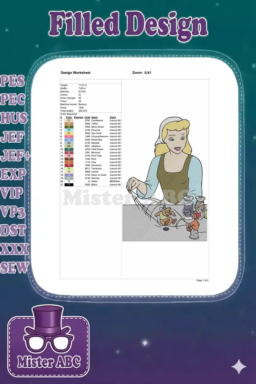 Embroidery design worksheet for Cinderella, displaying stitch count, dimensions, color chart, and thread details.