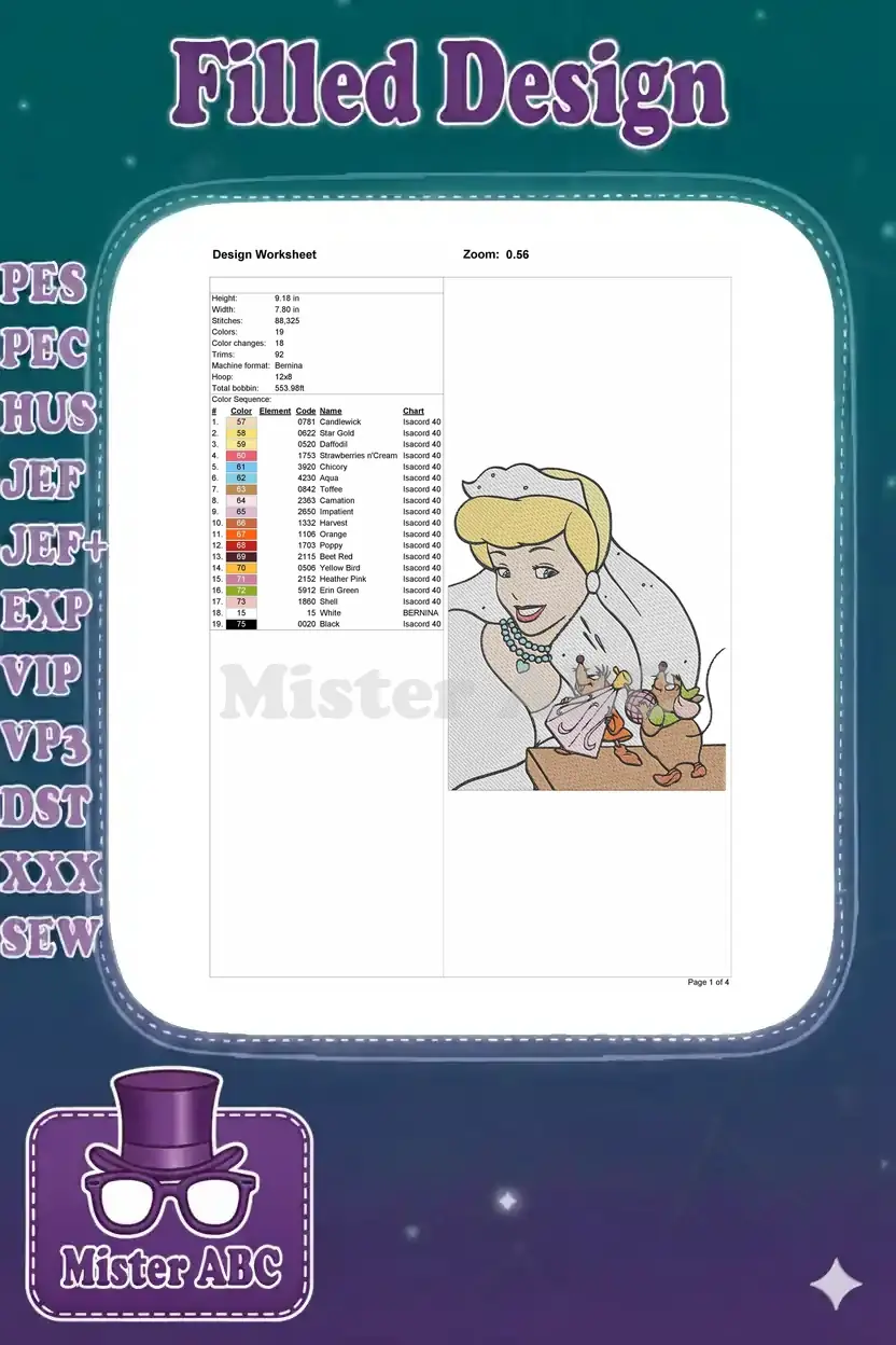 Embroidery design worksheet for Cinderella bridal, detailing dimensions, stitch count, colors, and thread codes.
