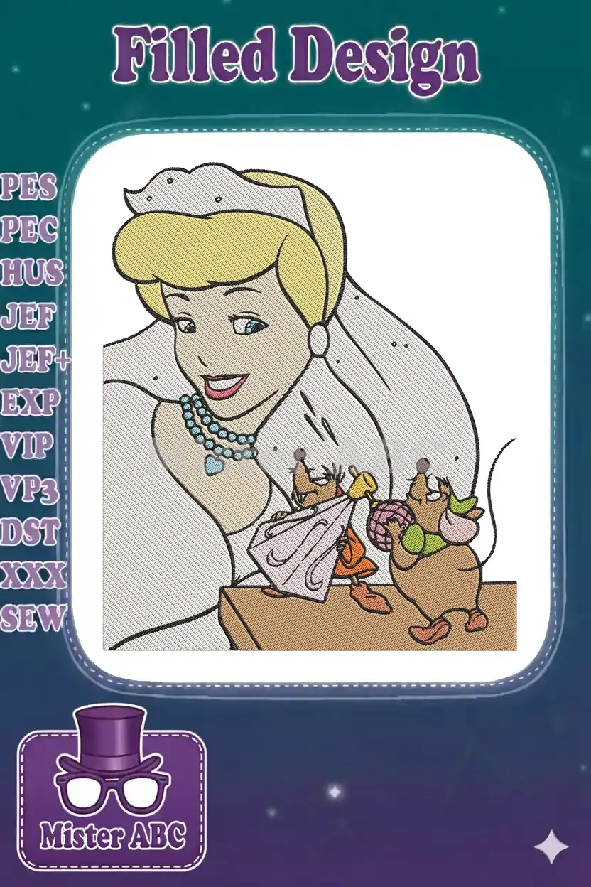 Cinderella as a bride with her mice, Jaq and Gus, preparing for her wedding in a detailed embroidery design.