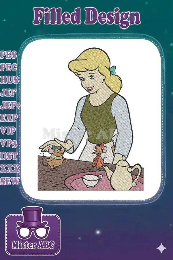 Cinderella, Jaq, and Gus embroidery design, showcasing the beloved Disney characters sharing a heartwarming moment.