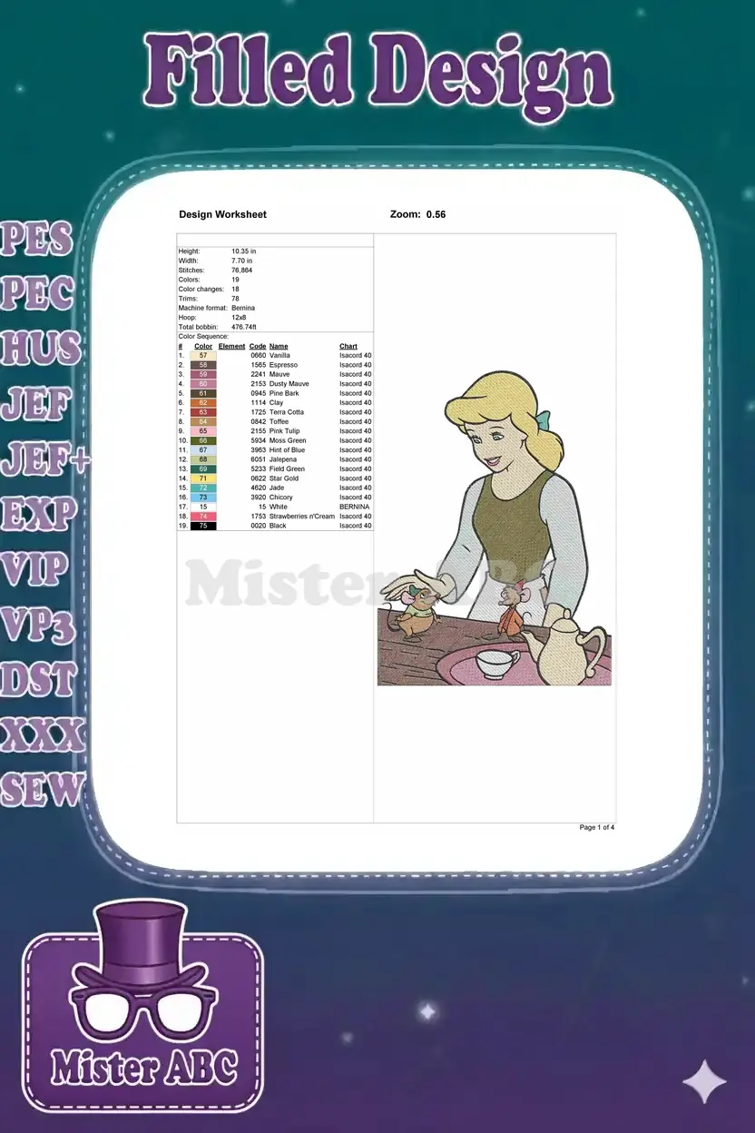 Detailed embroidery design worksheet for Cinderella, displaying stitch count, dimensions, and full color chart.