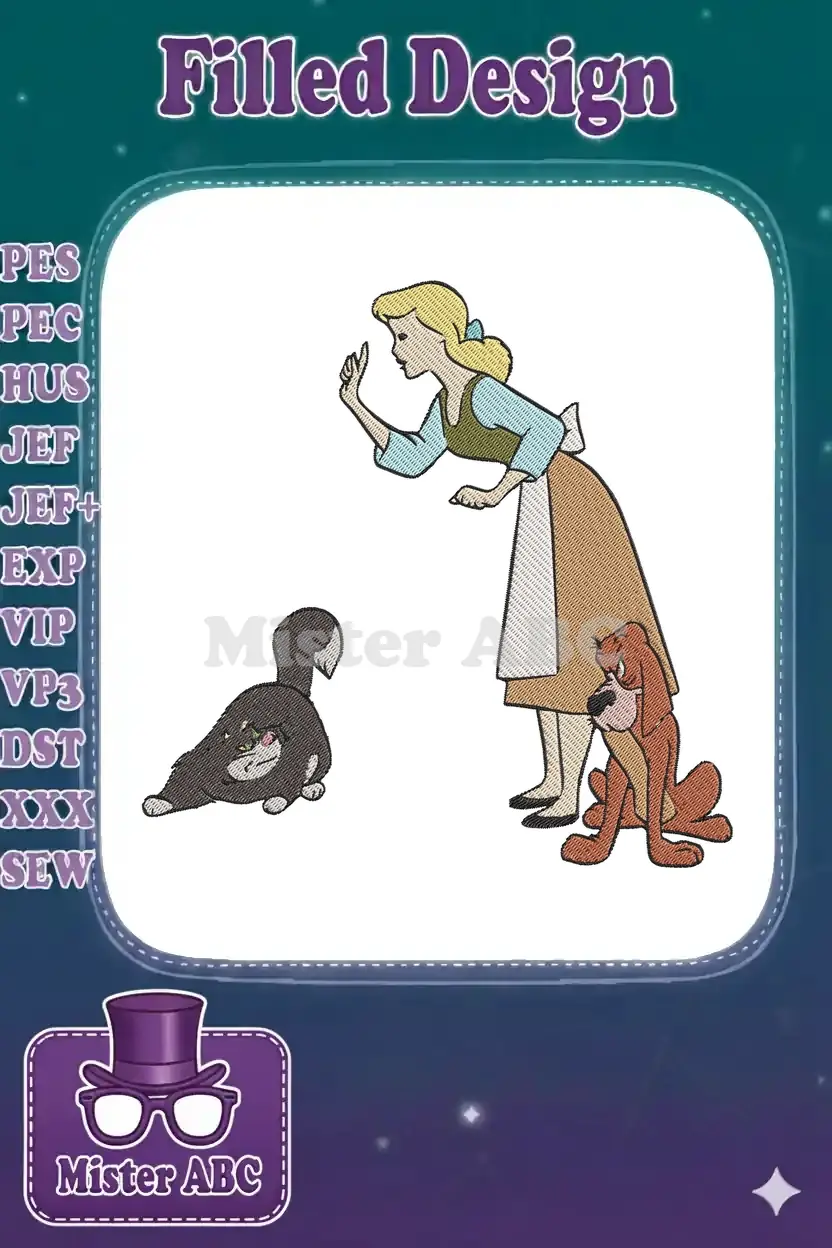 Cinderella in her servant dress, gesturing to Lucifer the cat, with Bruno the dog looking on, a classic Disney scene.
