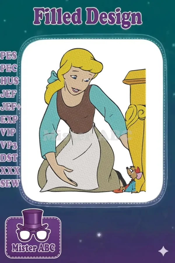 Cinderella in her servant outfit kneeling, interacting with Gus the mouse by a fireplace, showcasing detailed embroidery.