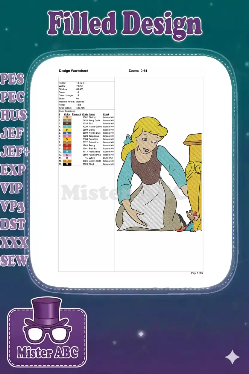 Embroidery design worksheet for Cinderella and Gus, detailing dimensions, stitch count, color changes, and thread codes.