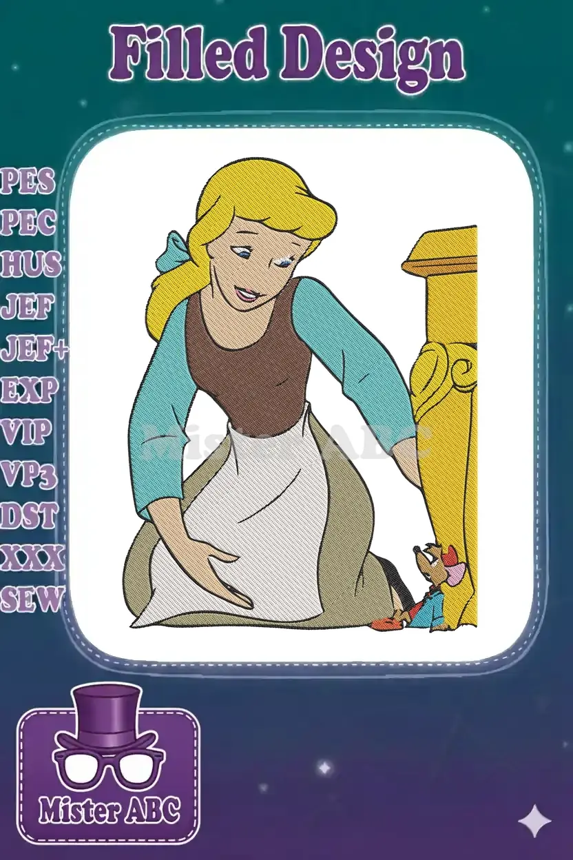 Cinderella in her servant outfit kneeling, interacting with Gus the mouse by a fireplace, showcasing detailed embroidery.