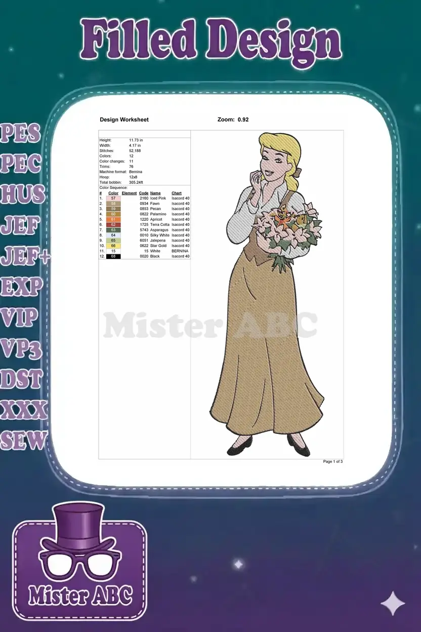 Embroidery design worksheet for Cinderella, detailing dimensions, stitch count, color sequence, and thread types.