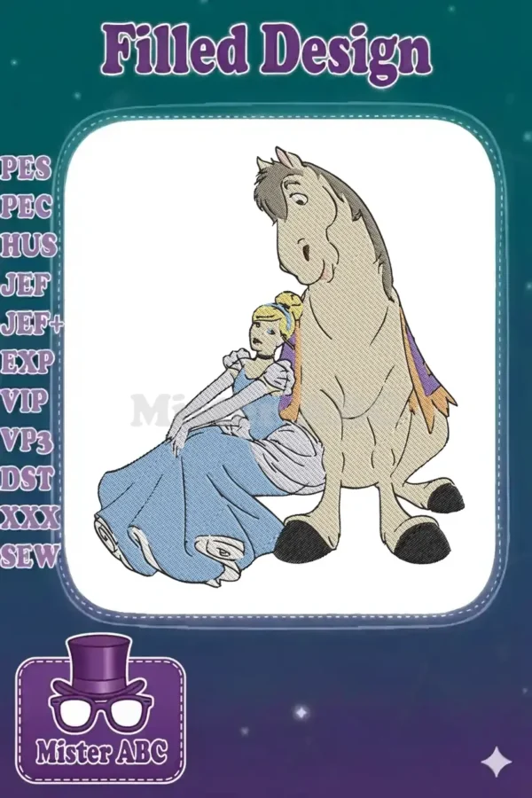 Cinderella in her blue gown, comforted by her horse Major, rendered in a detailed fill stitch embroidery design.