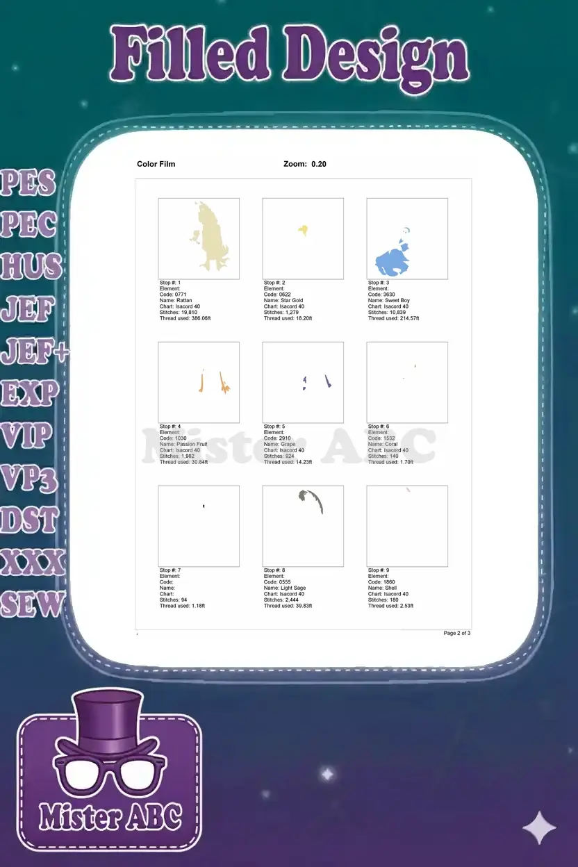 Color film page detailing the first 9 embroidery stops, showing individual color layers and stitch counts.