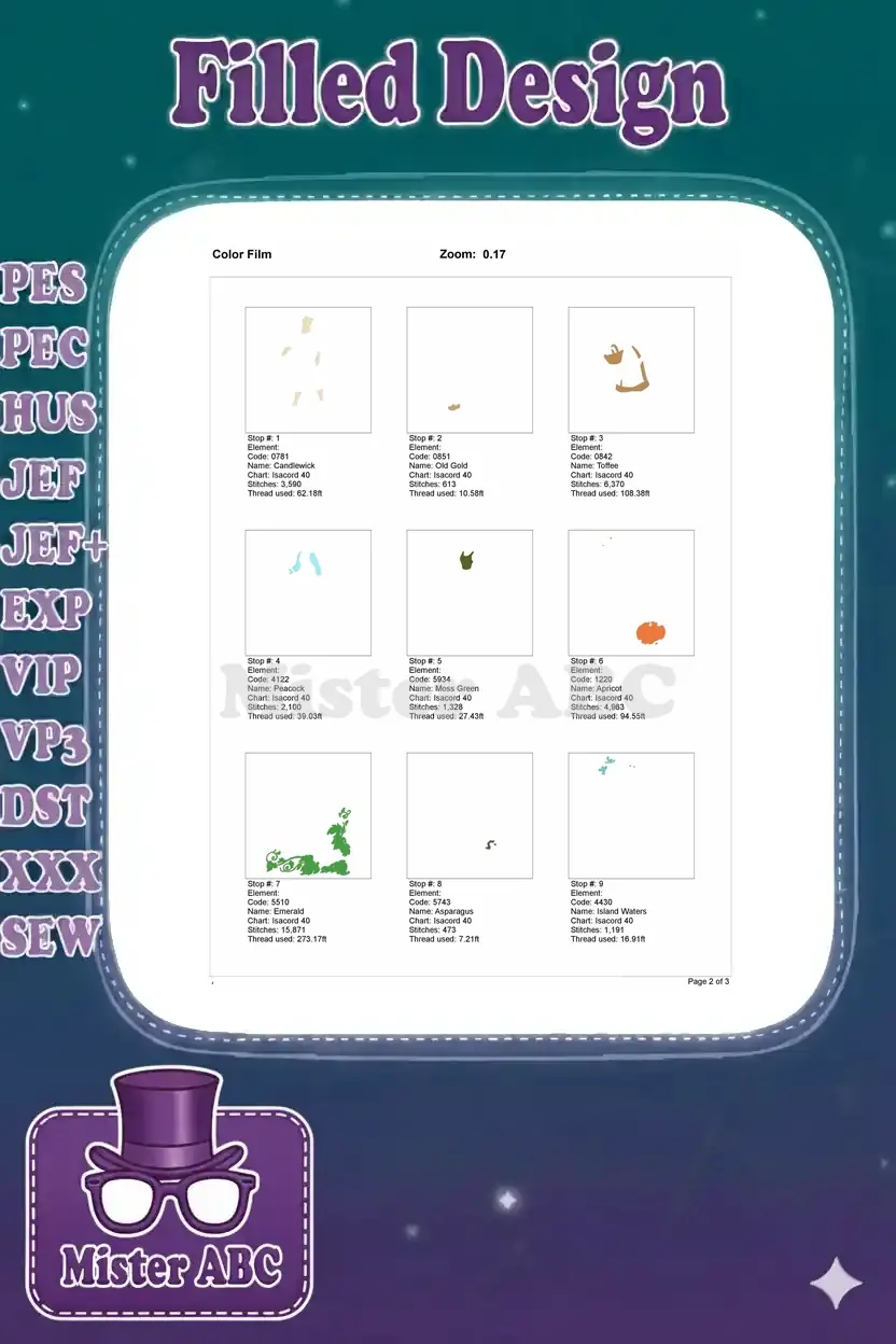 Color film showing the first 9 individual stitch stops for the Cinderella embroidery design.