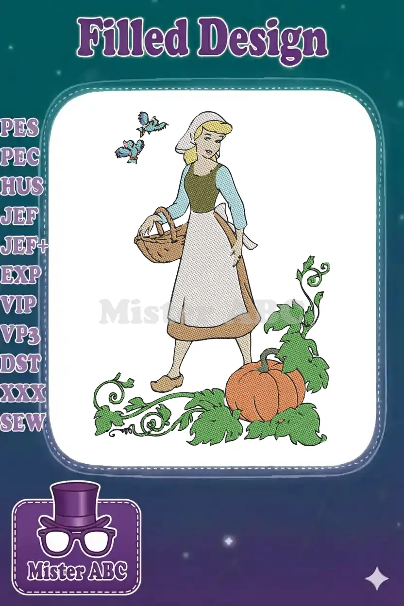 Cinderella in her peasant dress, holding a basket, accompanied by two bluebirds and a pumpkin patch.