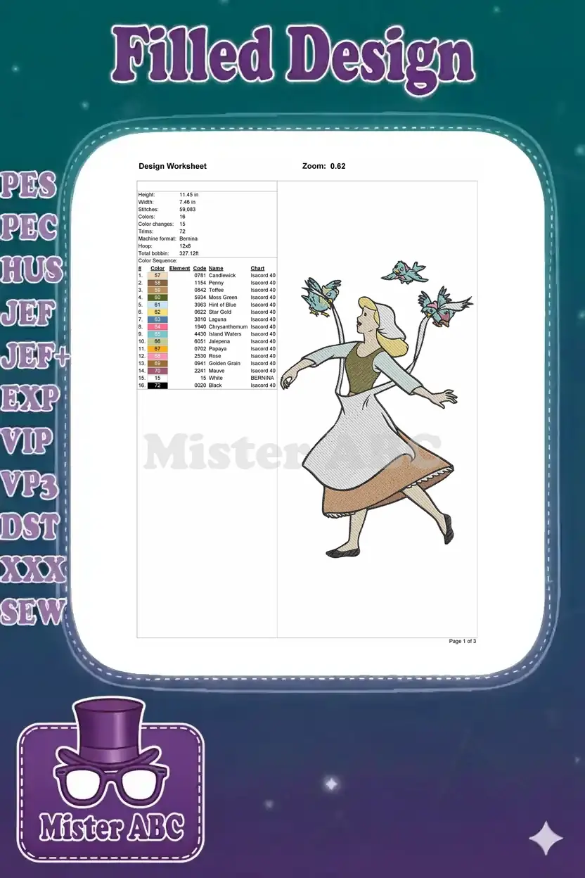Embroidery design worksheet detailing dimensions, stitch count, color sequence, and thread codes for Cinderella.
