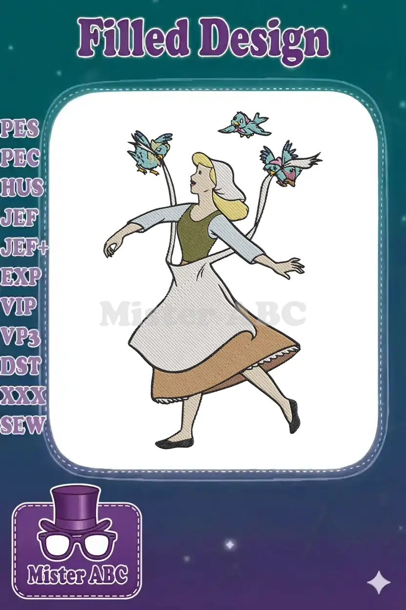 Embroidered Cinderella in peasant attire, accompanied by three bluebirds, showcasing a classic fairytale scene.