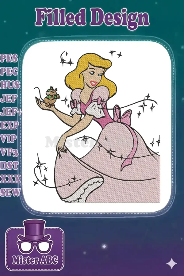 A vibrant embroidery design of Cinderella in a pink ball gown, holding her mouse friend Gus-Gus, surrounded by magical sparkles.