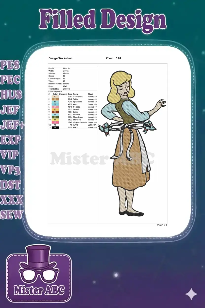 Cinderella embroidery design worksheet showing dimensions, stitch count, color sequence, and thread details.