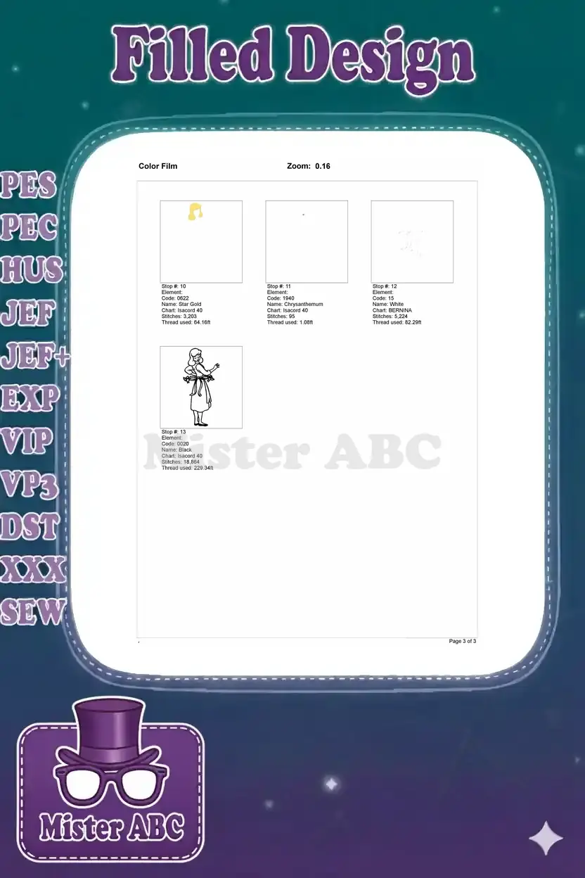 Page 3 of 3 of the color film for Cinderella embroidery, showing stitch elements for stops 10-13.