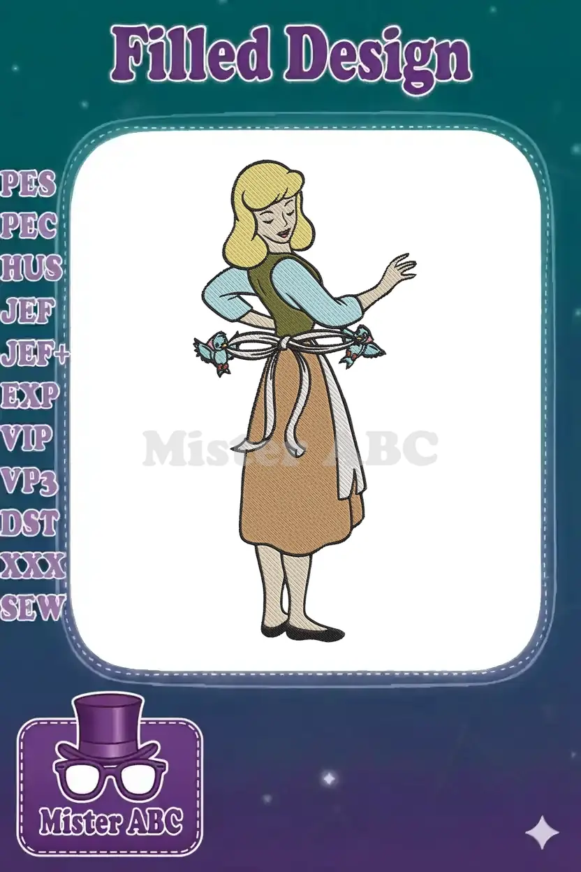 Cinderella embroidery design in her servant dress, with two birds tying her apron, showcasing fill stitch detail.