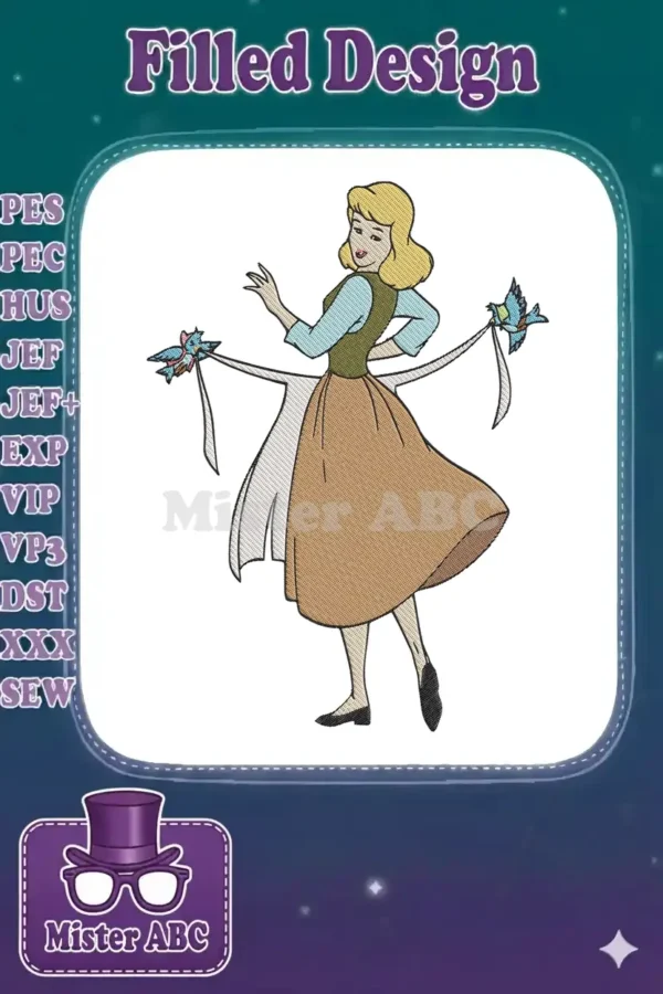 Detailed embroidery design of Cinderella in her work dress, assisted by two bluebirds holding ribbons.