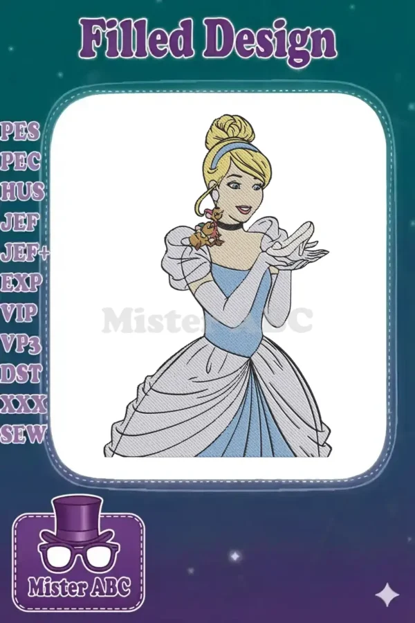 Elegant Cinderella embroidery design, featuring her classic blue ball gown and two adorable mice on her shoulder.