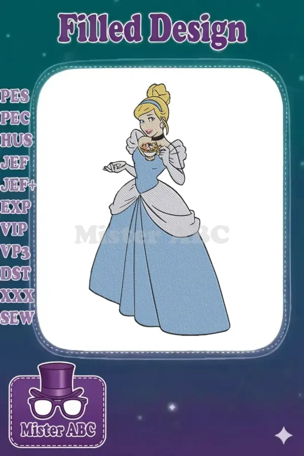 Cinderella in her blue ball gown, holding a small bowl with animated friends. A detailed embroidery design.