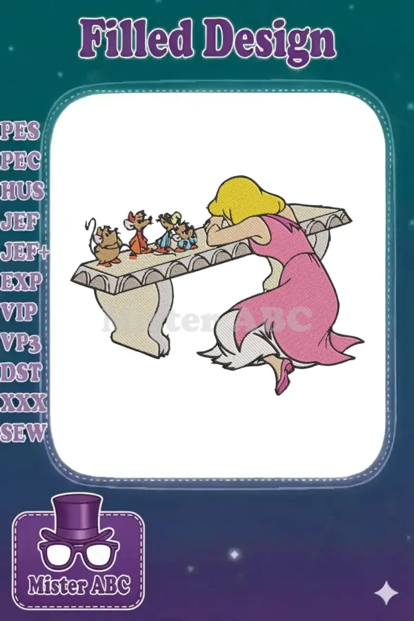 Embroidery design of a blonde woman in a pink dress, head resting on a table, surrounded by three adorable mice.