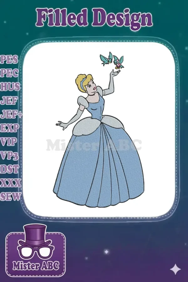 Cinderella in her iconic blue ball gown, looking up gracefully at two tiny, colorful birds perched on her hand.