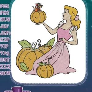 Detailed embroidery design of Cinderella in a pink dress, holding a pumpkin with Jaq the mouse, surrounded by more pumpkins.